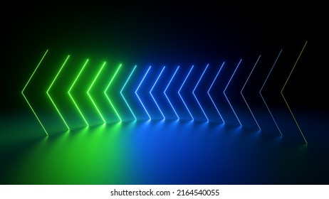 3d Render, Abstract Neon Background With Arrows Showing Left Direction, Glowing With Green Blue Gradient Light