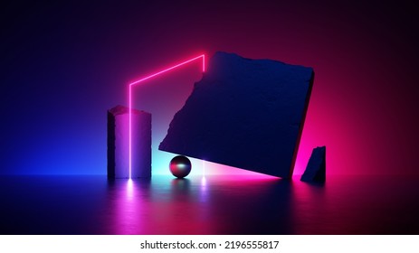 3d render, abstract neon background with glowing line and stone ruins, modern fashion wallpaper