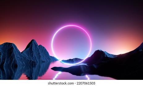 3d render  Abstract neon background and round geometric shape  surreal landscape  mountains   ring glowing in ultraviolet spectrum  Virtual reality scenery  Fantastic nature wallpaper