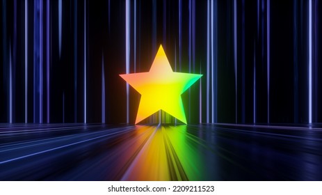 3d render, abstract neon background with colorful star shape in the dark room with floor reflection