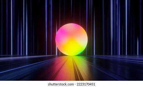 3d render, abstract neon background with colorful round shape in the dark room with floor reflection