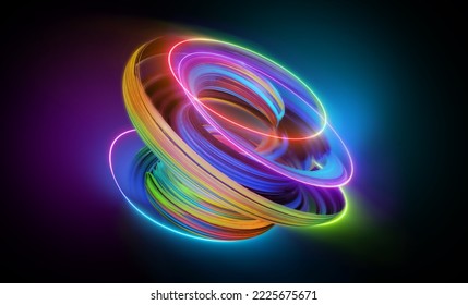 3d render, abstract neon background. Colorful twisted spiral glowing in the dark. Modern technological wallpaper