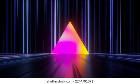 3d render, abstract neon background with colorful triangle shape in the dark room with floor reflection