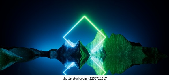 3d render, abstract neon background with rhombus geometric shape, square frame and extraterrestrial landscape under the night sky. Rocks and water reflection. Futuristic minimalist wallpaper