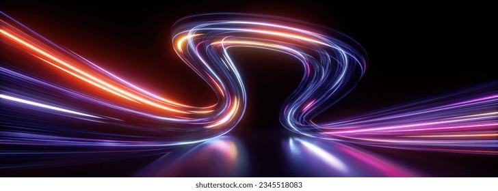 3d render. Abstract neon background of dynamic lines glowing in the dark room with floor reflection. Fluorescent ribbon