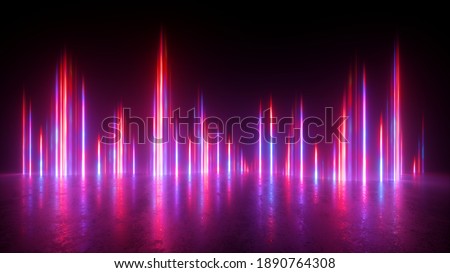3d render, abstract neon background with red pink laser rays glowing in the dark. Vertical lines