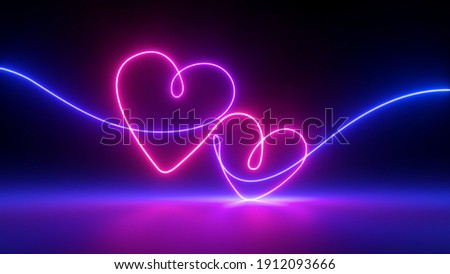 3d render, abstract neon background with two glowing hearts linked together with one line. Modern minimal line art. Valentines Day romantic symbols