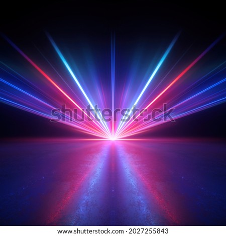 3d render. Abstract neon background. Wallpaper with red blue laser rays glowing in the dark. Bright projector shining on the dark empty stage