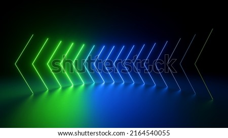 3d render, abstract neon background with arrows showing left direction, glowing with green blue gradient light