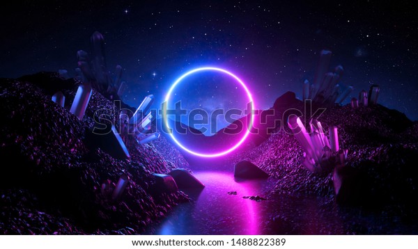 3dレンダリング 抽象的なネオン背景 神秘的な宇宙の風景 地形の上にピンクの青い輝く輪 丸いフレーム 仮想現実 暗い空間 紫外線 結晶の山 岩 地面 のイラスト素材 14