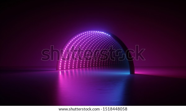 3dレンダリング 抽象的なネオン背景 紫外線スペクトル 丸いアーチ トンネル コリドー ピンクのled ステージデザイン 床反射 のイラスト素材