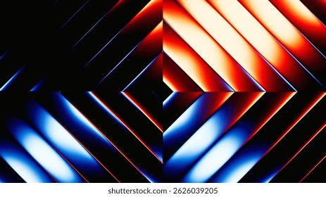 3d render. Abstract neon geometric background. Metallic rhombus shape with blue red gradient. Ribbed glass wallpaper
