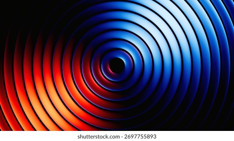 3d render. Abstract neon geometric background. Round metallic rings. Chrome texture with blue red gradient. Ribbed glass wallpaper