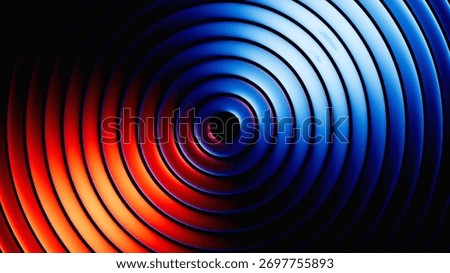 3d render. Abstract neon geometric background. Round metallic rings. Chrome texture with blue red gradient. Ribbed glass wallpaper