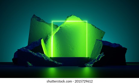 3d Render, Abstract Neon Green Background With Glowing Square Frame And Cobblestone Rocks Ruins. Showcase Scene With Platform For Product Presentation