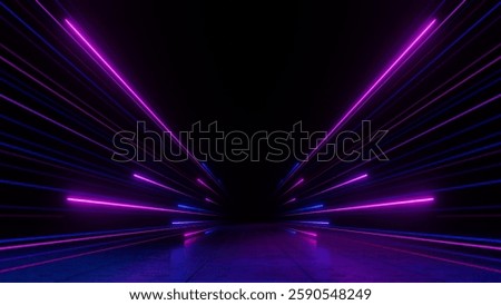 3d render, Abstract neon laser lines in purple and blue creating futuristic perspective
