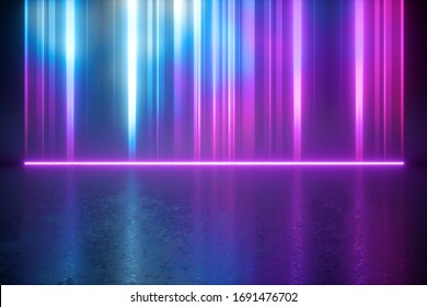 3d Render, Abstract Neon Light Background. Blue Pink Violet Vertical Rays. Glowing Lines Plasma Effect