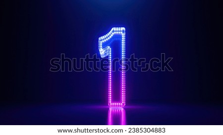 3d render, abstract number one glowing in the dark with pink blue neon light. Digital symbol 1