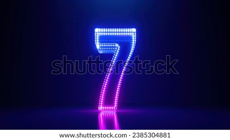 3d render, abstract number seven glowing in the dark with pink blue neon light. Digital symbol 7