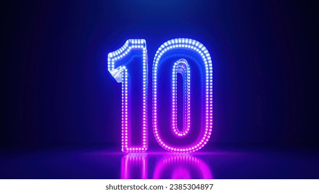 3d render, abstract number ten glowing in the dark with pink blue neon light. Digital symbol 10