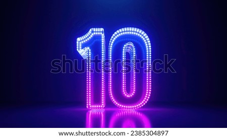 3d render, abstract number ten glowing in the dark with pink blue neon light. Digital symbol 10