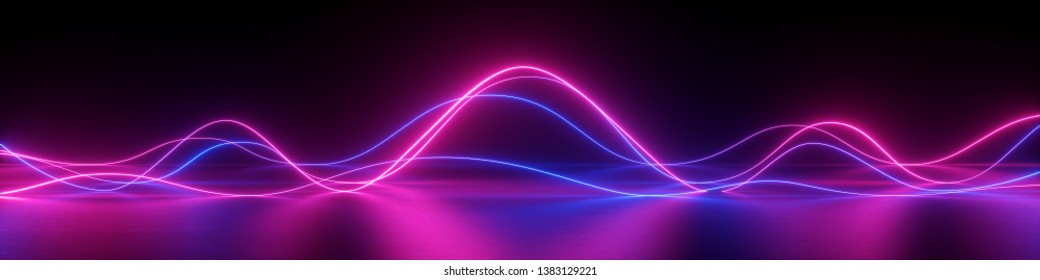 3d рендер, абстрактный панорамный фон, неоновый свет, лазерное шоу, импульс, диаграмма эквалайзера, ультрафиолетовый спектр, импульсные линии электропередач,