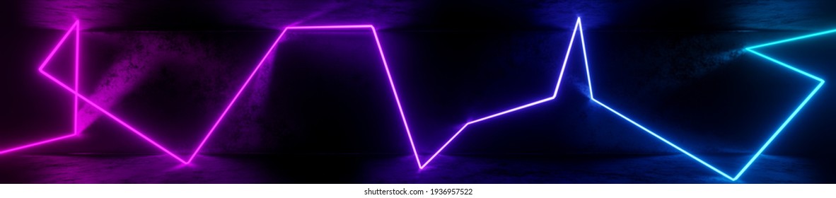 3d render, abstract panoramic background with iridescent neon lights, laser show or equalizer chart, ultraviolet spectrum, pulse power lines in 80's style