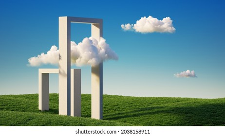3d render, abstract panoramic background. Minimal landscape with green grass, stone arches and white clouds in the blue sky. Modern minimal showcase scene