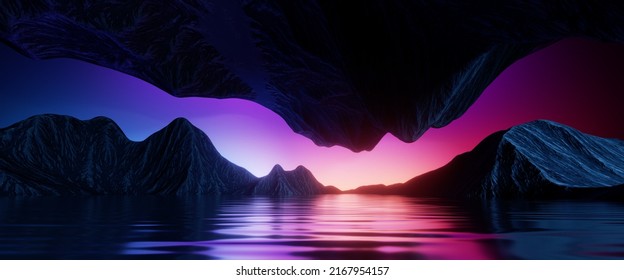 3d render  abstract panoramic background  surreal fantasy landscape and lake water  mountains   pink violet sunset sky  Mystical horizontal wallpaper