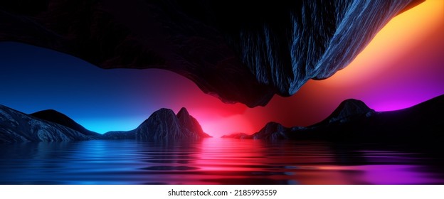 3d Render, Abstract Panoramic Background, Surreal Futuristic Landscape With Calm Water, Cliffs, Rocks, Mountains And Dramatic Red Blue Sky. Minimalist Horizontal Wallpaper