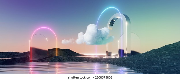 3d Render, Abstract Panoramic Background. Fantastic Landscape With Water, Rocks, Mirror Arch, Neon Frame And Cloud. Pastel Gradient Sky. Modern Minimal Aesthetic Wallpaper