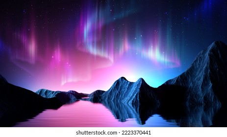 3d render  abstract panoramic background  Seascape and cliffs under the pink blue night gradient sky and northern lights  fantasy scenery wallpaper and Aurora Borealis