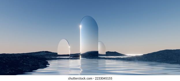 3d render  abstract panoramic background  northern futuristic landscape  fantastic scenery and calm water  simple geometric mirror arches   pastel blue gradient sky  Minimal zen aesthetic wallpaper
