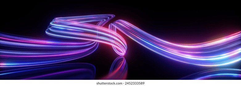 3d render. Abstract panoramic background of looped dynamic neon lines glowing in the dark room with floor reflection. Virtual fluorescent ribbon loop. Fantastic minimalist wallpaper