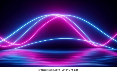 3d render, abstract panoramic background, neon light, laser show, impulse, equalizer chart, ultraviolet spectrum, pulse power lines,