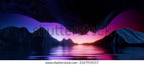 3d render, abstract panoramic background, surreal fantasy landscape with lake water, mountains and pink violet sunset sky. Mystical horizontal wallpaper