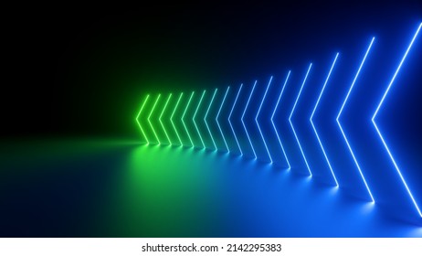 3d render  abstract panoramic green blue neon background and arrows showing left direction