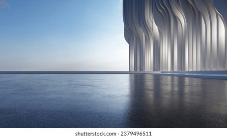 3d render of abstract parametric architecture with empty concrete floor. Scene for car presentation.