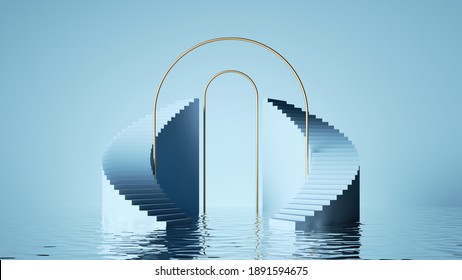 3d render, abstract pastel blue background. Modern minimal showcase for product presentation, simple art deco scene with steps, round arches and reflections in the water - Powered by Shutterstock