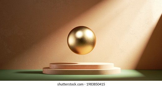 3d Render, Abstract Peachy Beige Background With Sunlight Rays And Golden Ball Levitating Above The Podium. Modern Minimal Showcase Scene With Stage, For Product Presentation