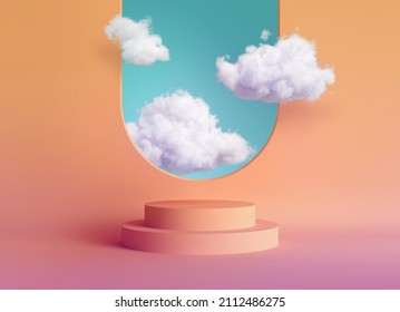 3d render, abstract peachy geometric background, modern minimal showcase scene with empty podium for product presentation, white clouds fly inside the room through the arch window, optical illusion