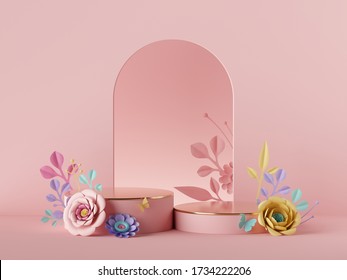 3d Render, Abstract Pink Background With Floral Decor. Empty Podium, Colorful Paper Flowers, Round Arch. Luxury Fashion Design. Shop Showcase Product Display Vacant Pedestal Stage. Blank Poster Mockup