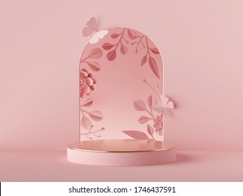 3d Render Abstract Pink Background. Floral Arch And Paper Flowers, Modern Fashion Design. Shop Showcase Product Display, Empty Podium, Vacant Pedestal, Round Stage. Blank Poster Mockup With Copy Space