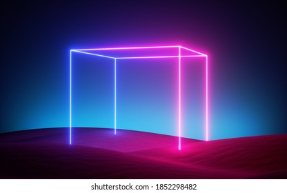 3d Render, Abstract Pink Blue Neon Background With Glowing Cube, Square Frame In The Middle Of The Empty Desert. Futuristic Design