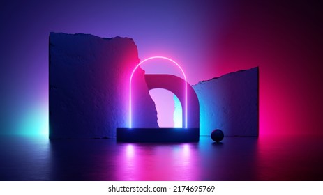 3d Render, Abstract Pink Blue Neon Background With Glowing Arch And Stone Ruins, Performance Stage, Showcase For Product Presentation