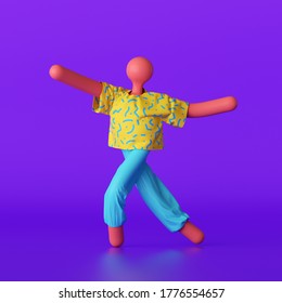 3d Render, Abstract Pink Cartoon Character Wearing Colorful Summer Clothes Dancing, Isolated On Violet Background. Funny Toy Dummy Doll, Person Without Face Walking Active Pose, Modern Minimal Pop Art