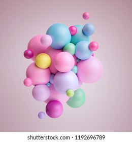 3d Render, Abstract Pink Pastel Balls, Multicolored Balloons, Candy, Geometric Background, Primitive Shapes, Minimalistic Design, Party Decoration, Plastic Toys, Isolated Elements