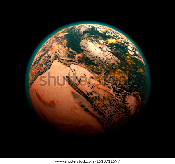 3d render of abstract planet earth with\
abstract mountains with rough surface red and blue atmosphere and\
white and yellow clouds, in outer space\
