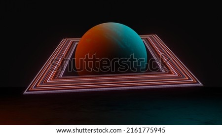 3d render of Abstract Planet landscape concept. Light glowing on dark scene. Night life. Technology network for 5g. Beyond generation and futuristic of Sci-Fi Capital city and building scene.