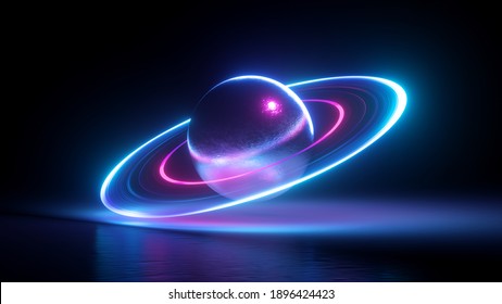 3 d representaciones, símbolo abstracto del planeta, forma geométrica con luz de neón, levitando bola metálica con anillos ultravioletas brillantes